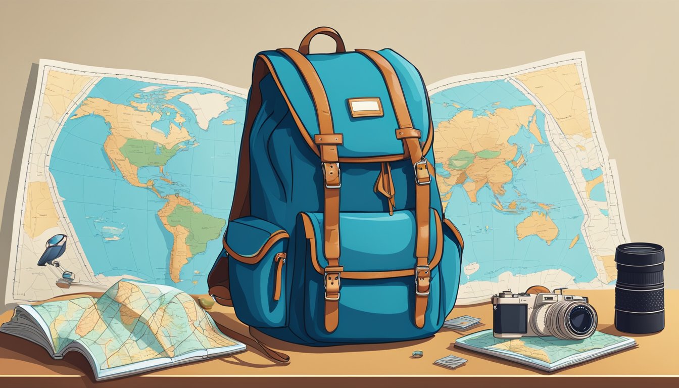 A map of the world with pins marking destinations. A backpack, camera, and guidebook sit on a table. A confident, adventurous vibe fills the air