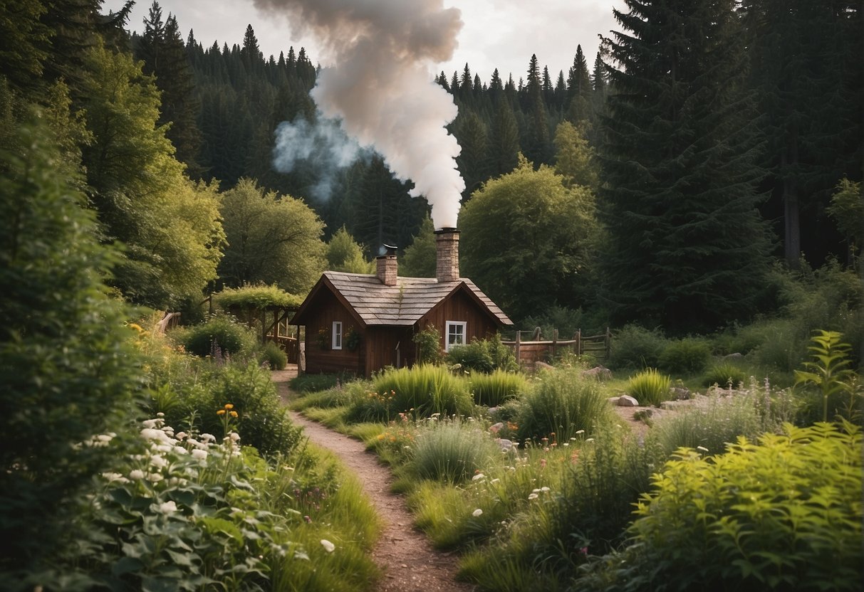 A small cabin nestled among tall trees, smoke rising from the chimney. A winding path leads to a vegetable garden and a stream