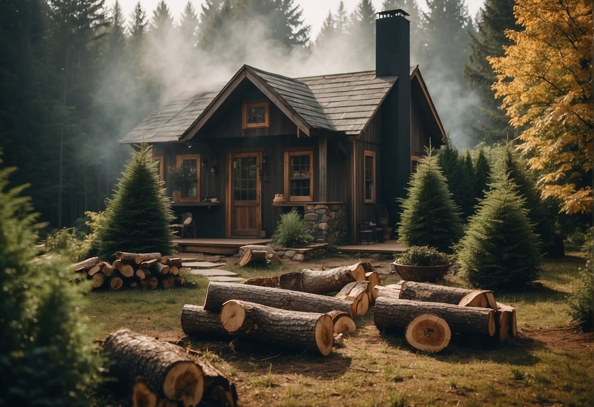 A small cabin nestled among tall trees, smoke rising from the chimney. Firewood stacked neatly outside, a garden plot ready for planting