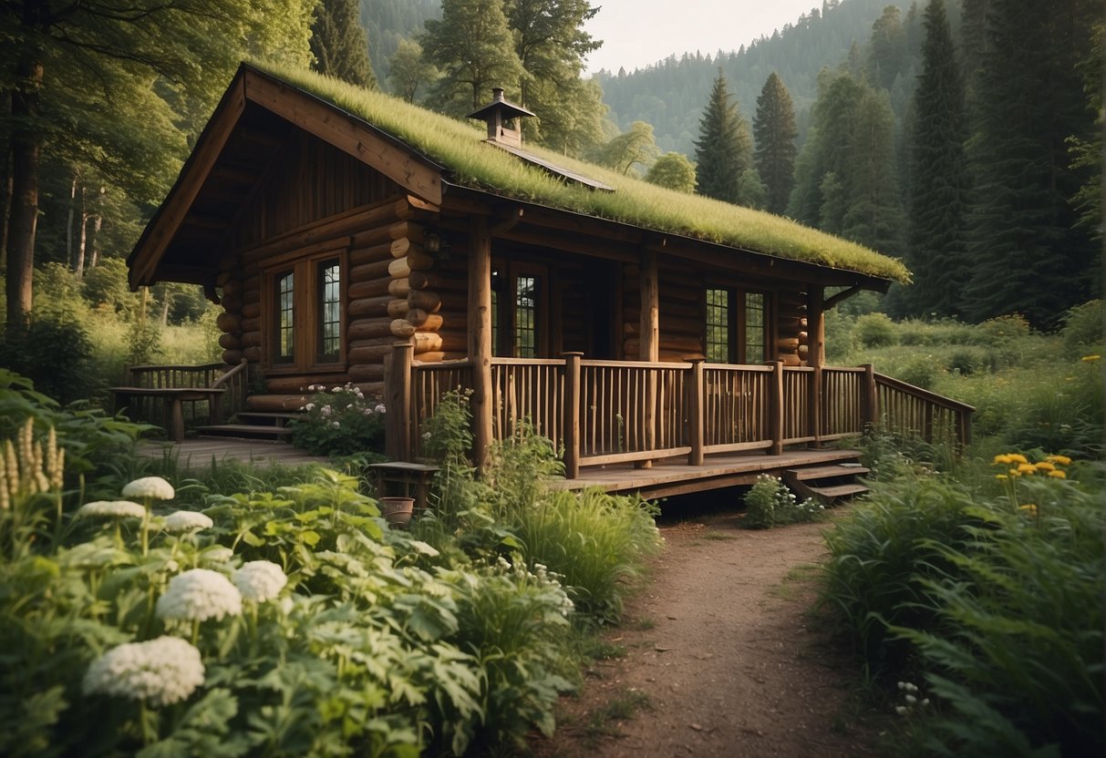 A cozy wooden cabin nestled in a lush forest clearing, surrounded by abundant wildlife and a small garden of thriving vegetables and herbs