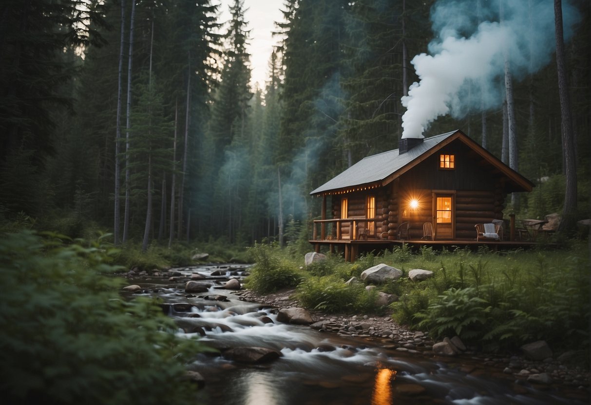 A small cabin nestled in a dense forest, surrounded by towering trees and a peaceful stream. Smoke rises from the chimney, indicating a cozy fire within