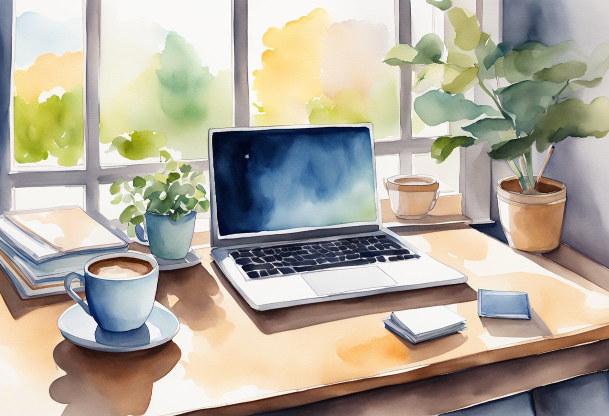 A desk with a laptop, notebook, and pen. A cup of coffee sits nearby. A window shows a sunny day outside