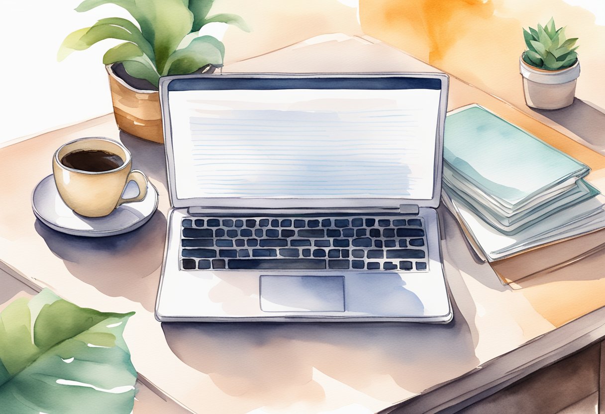 A laptop open on a desk with a blank document, a cup of coffee, and a notebook with "First Blog Post Ideas" written on it