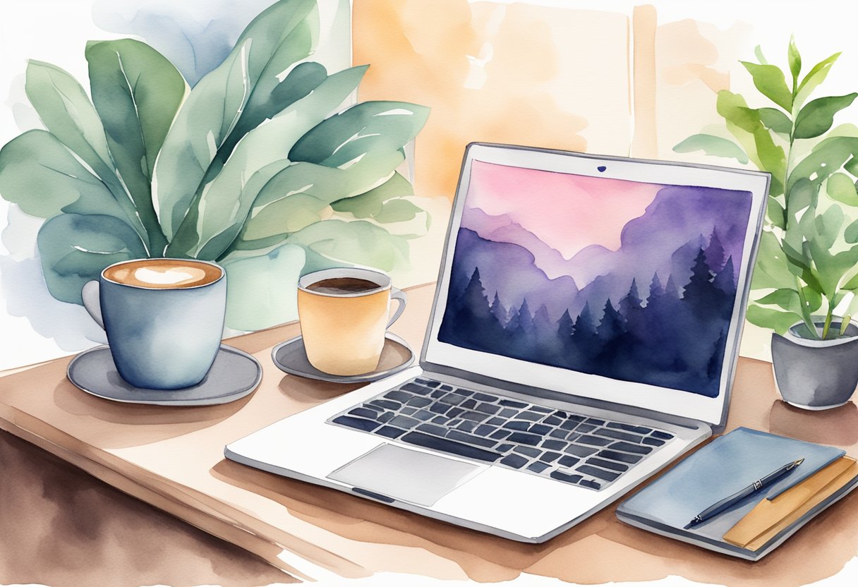 A laptop on a desk with a blank screen, a notepad, and a pen. A cozy workspace with a cup of coffee and a plant in the background
