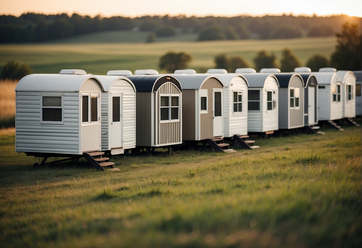 A row of small, simple mobile homes sit close together in a grassy field, their exteriors showing signs of wear and tear