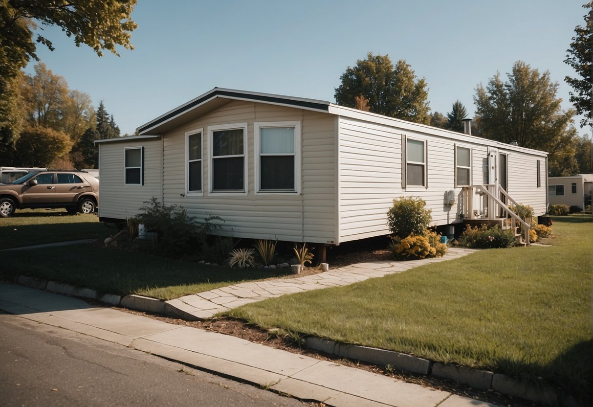 A mobile home sits on a small plot of land, surrounded by other similar homes. The exterior is simple, with basic siding and minimal landscaping. A sign nearby advertises low monthly payments and affordable pricing