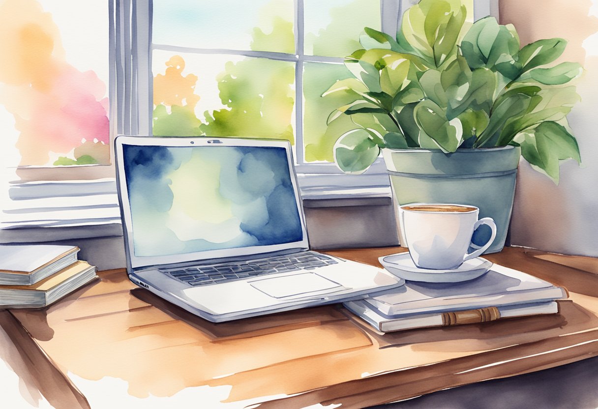 A laptop with a cup of coffee, a potted plant, and a stack of books on a wooden desk with a window in the background