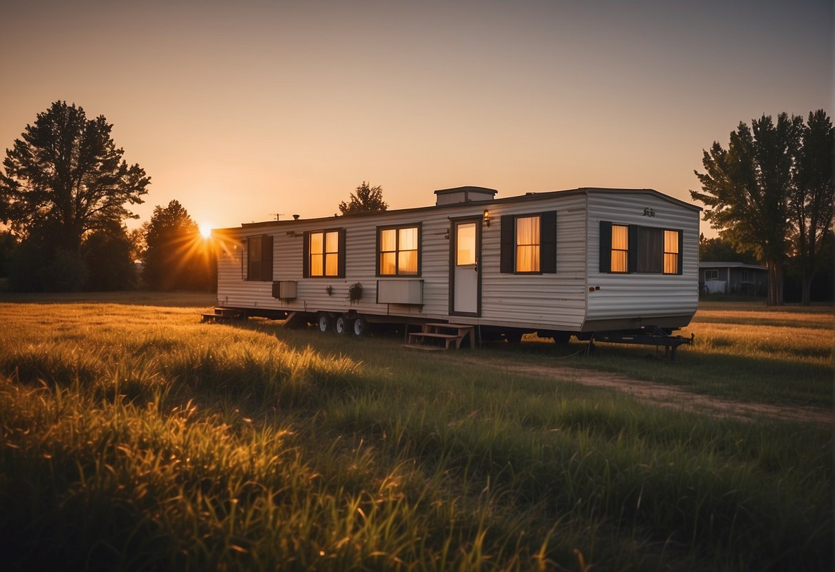 A mobile home sits in a sparse, open field, surrounded by other similar structures. The sun sets in the background, casting a warm glow over the scene