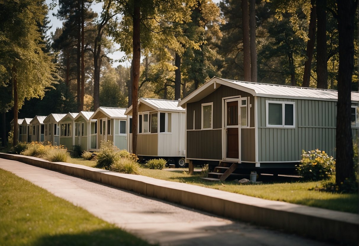 A row of small, affordable mobile homes lined up in a quiet community, surrounded by trees and greenery