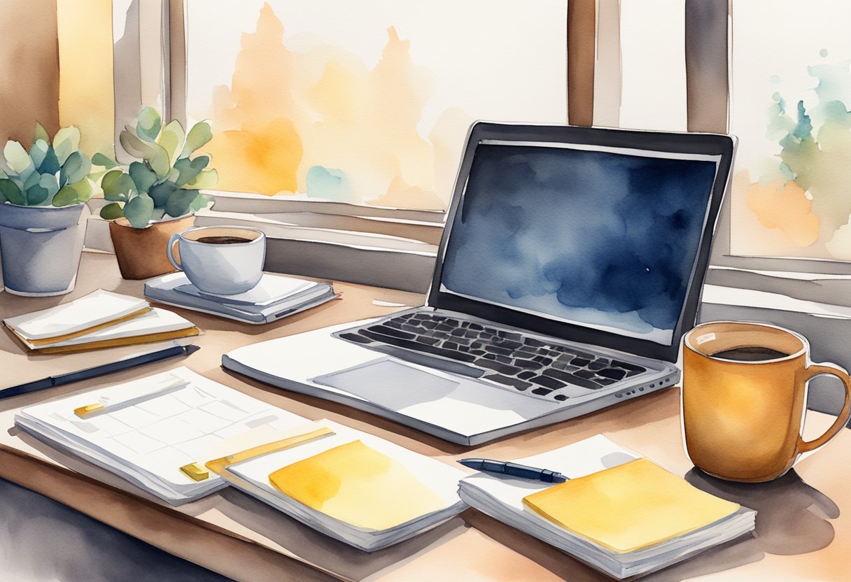 A desk with a laptop, notebook, and pen. A bulletin board with post-it notes and a calendar. A cozy workspace with a cup of coffee