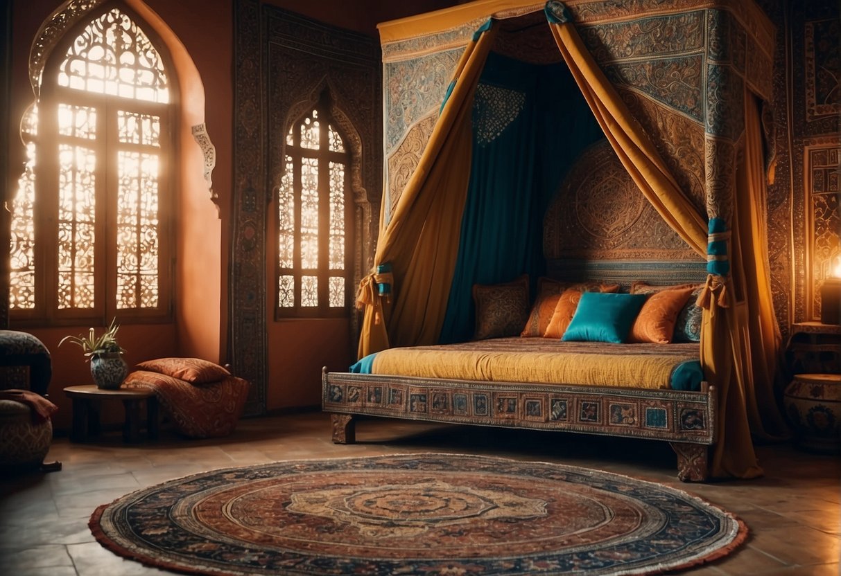 A cozy Moroccan bedroom with vibrant colors, intricate patterns, and ornate furniture. A canopy bed, plush rugs, and mosaic details complete the scene