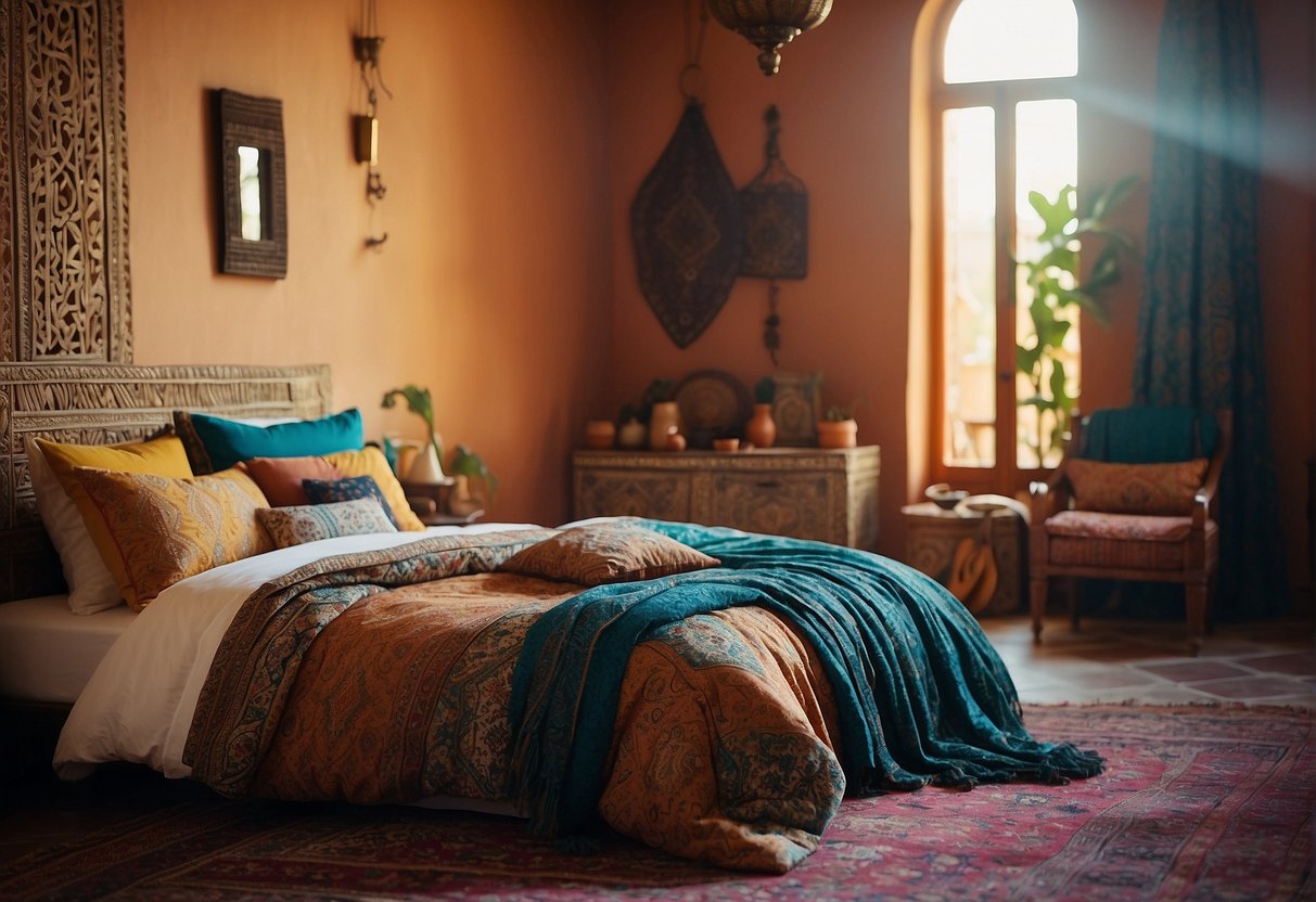 A cozy Moroccan bedroom with vibrant textiles and bedding, featuring intricate patterns and rich colors, creating an inviting and exotic atmosphere