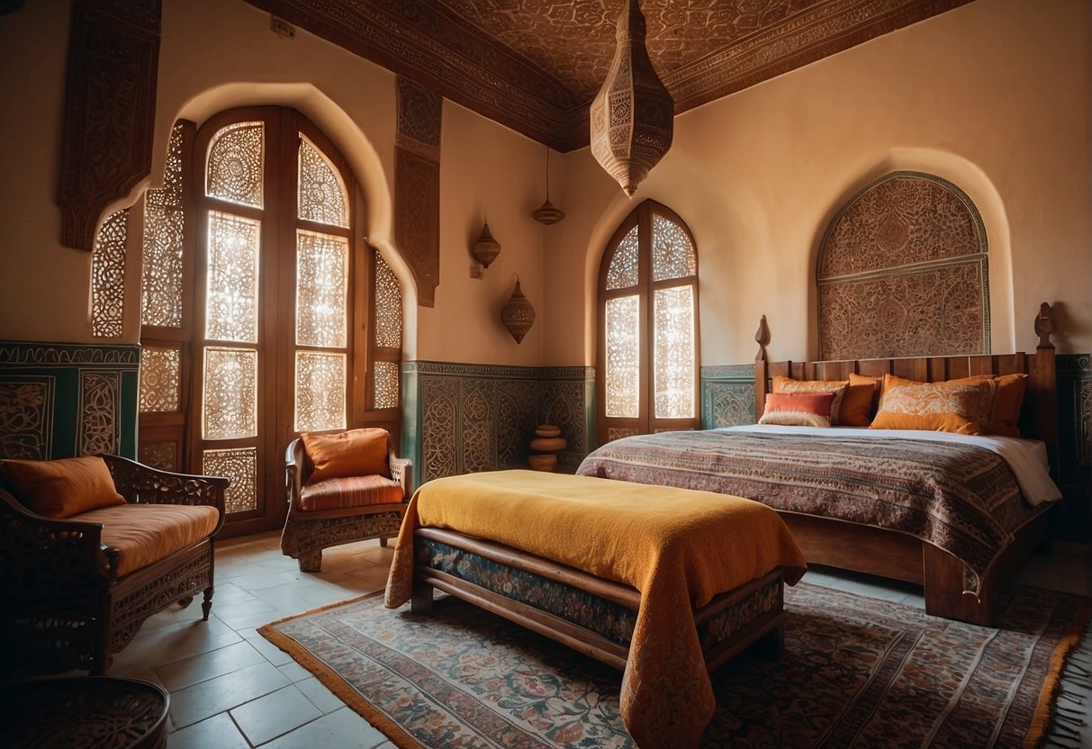 A Moroccan bedroom with intricate tile work, ornate carved wood furniture, and colorful textiles. Rich textures and patterns create a warm and inviting atmosphere