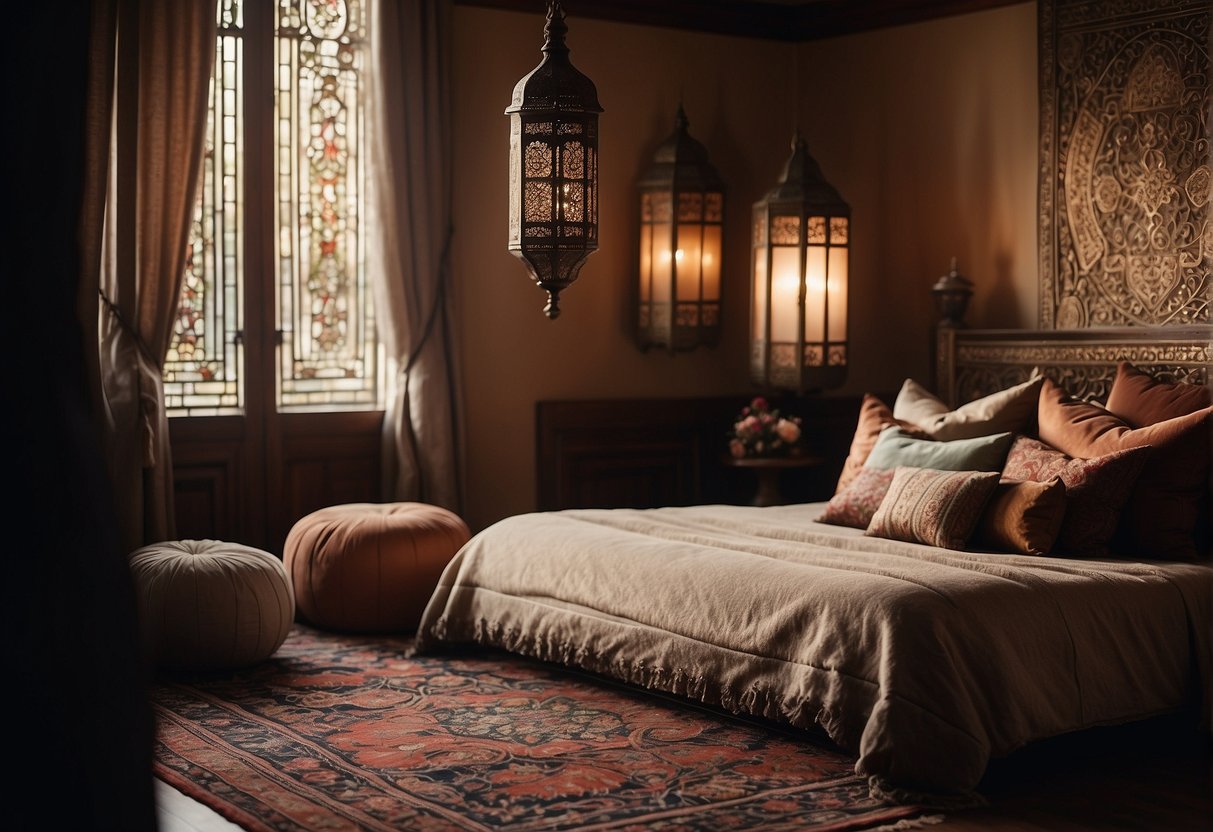 A cozy bedroom with rich, jewel-toned fabrics, intricate tile patterns, and ornate lanterns casting warm, ambient light. A plush rug and embroidered throw pillows add a luxurious touch to the inviting space