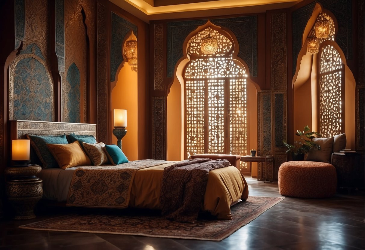 A luxurious Moroccan bedroom with ornate furniture, vibrant textiles, and intricate mosaic patterns. Rich colors and plush fabrics create an opulent and inviting atmosphere