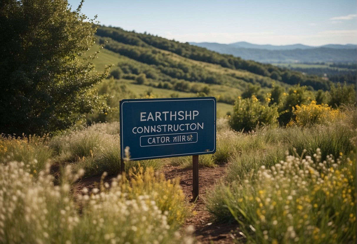 An open field with a clear blue sky, surrounded by rolling hills and trees, with a sign indicating "Earthship Construction Zone."