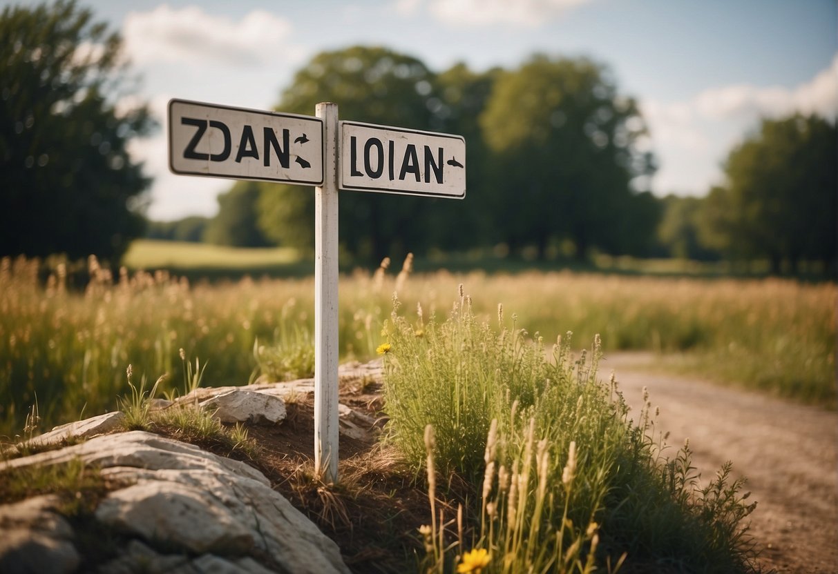A rural landscape with a signpost displaying zoning laws and regulations, surrounded by a variety of architectural styles