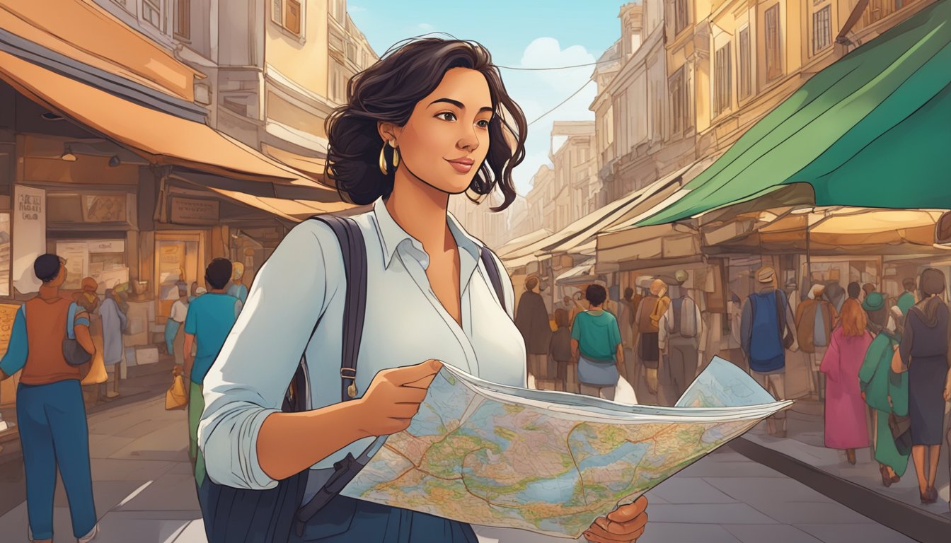A woman confidently navigates a bustling marketplace, map in hand, as she explores a vibrant foreign city on her first solo adventure