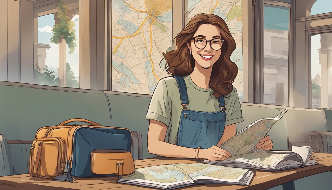 A young woman sits at a cafe table with a map and guidebook, surrounded by luggage. She looks excited and confident as she plans her solo adventure