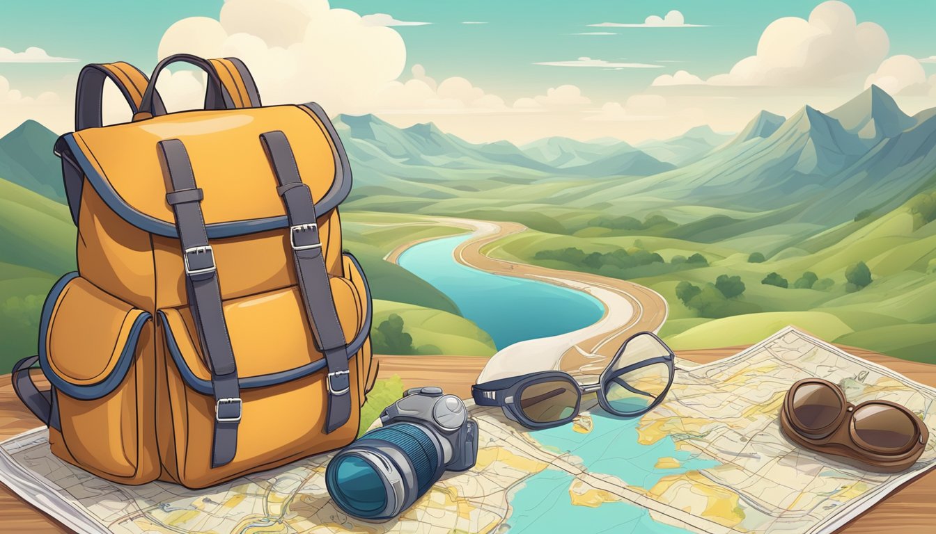 A young woman's backpack rests on a map, surrounded by travel essentials. A winding road stretches into the distance, leading to adventure