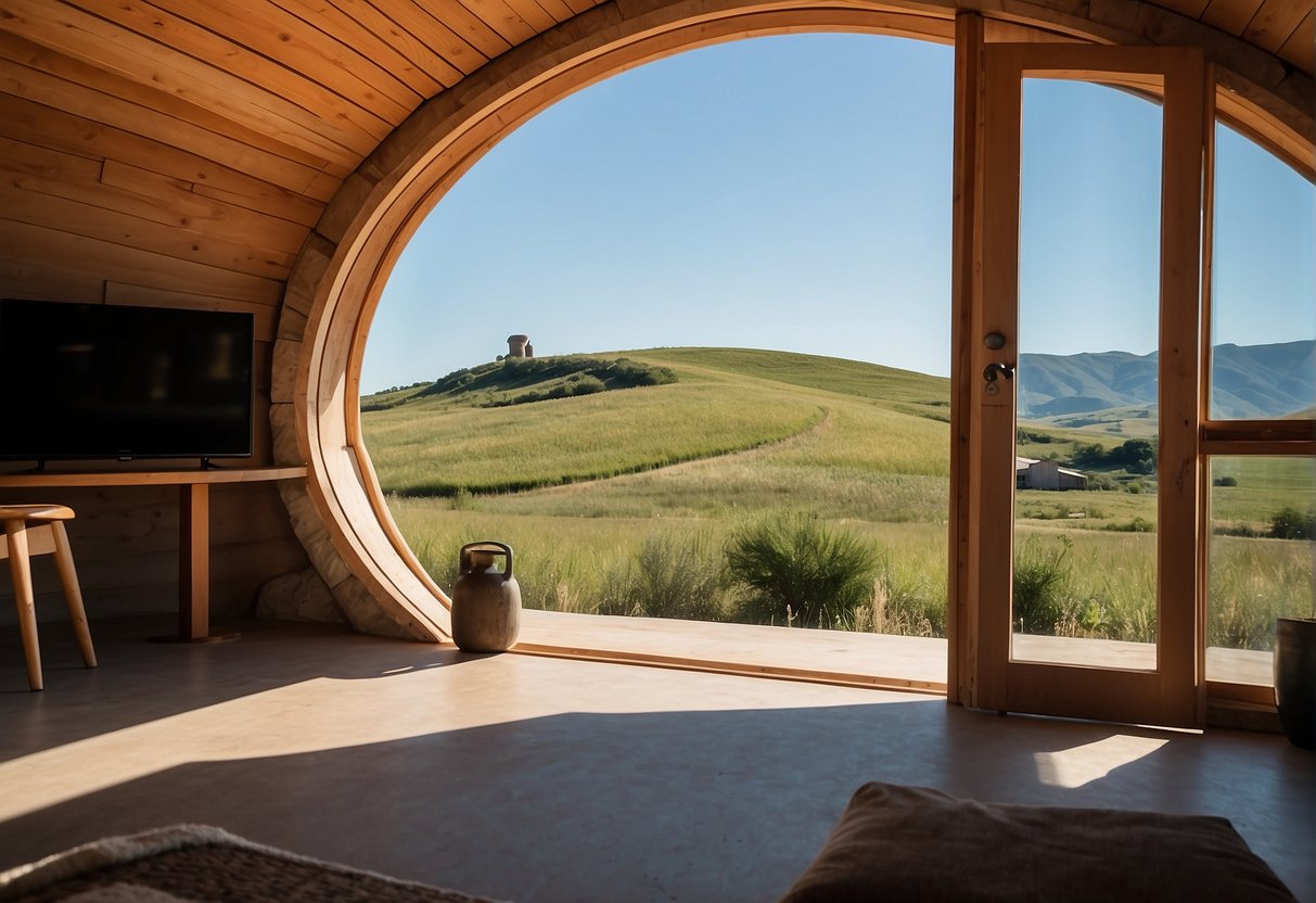 A serene landscape with a clear blue sky, rolling hills, and a peaceful meadow. A small, sustainable earthship structure stands in the distance, blending harmoniously with the natural surroundings