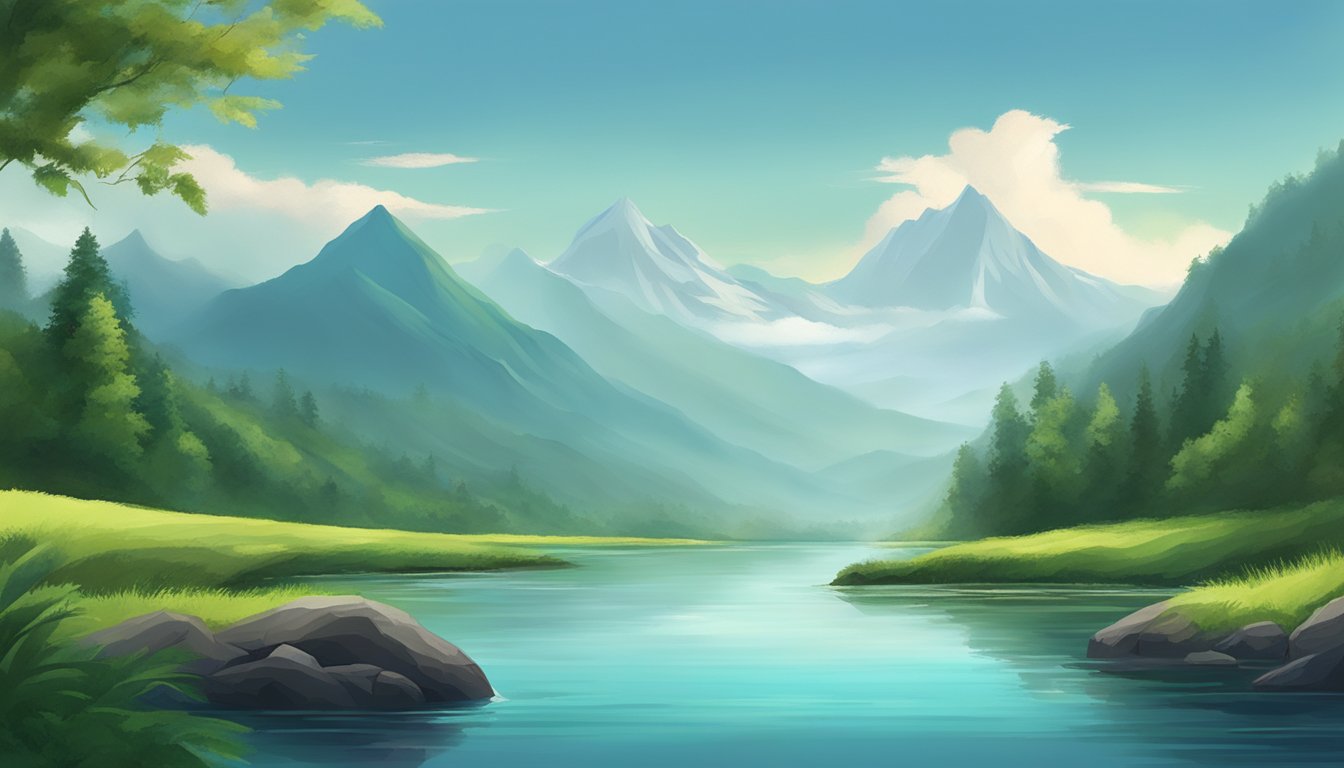 A lone figure walks along a serene river, surrounded by lush greenery and towering mountains. The water reflects the beauty of the landscape, creating a sense of peace and tranquility