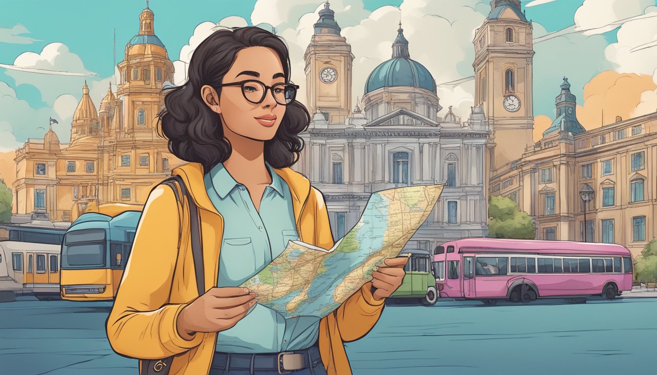 A young woman stands confidently with a map in hand, surrounded by landmarks and transportation options, as she prepares for her first solo travel adventure