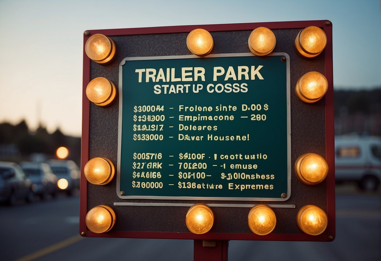 A sign displaying "Trailer Park Start-Up Costs" with dollar amounts and a list of required expenses