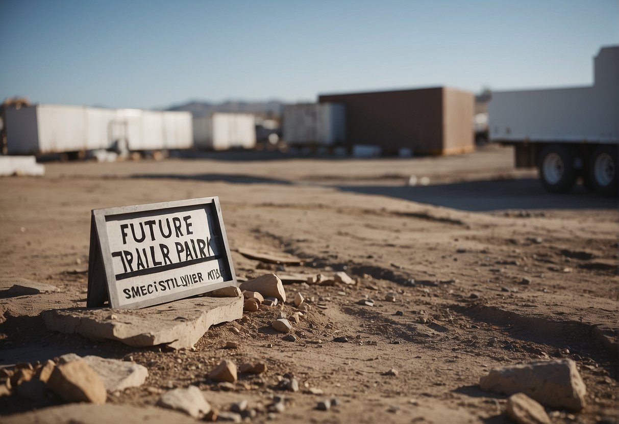 A barren piece of land with a sign reading "Future Trailer Park Site," surrounded by construction materials and blueprints