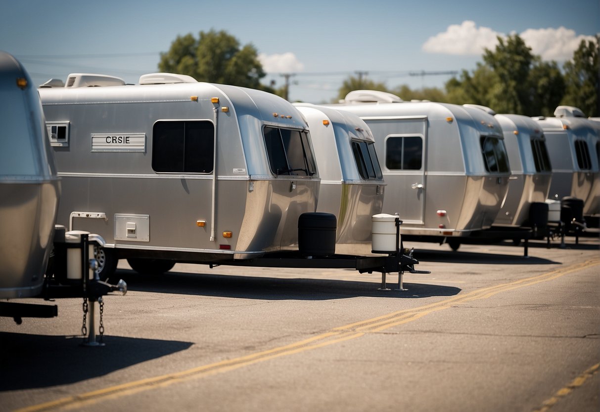 The scene shows a row of trailers with utility hookups. A sign displays "Operating Costs and Revenue Streams" with a calculator and financial documents nearby