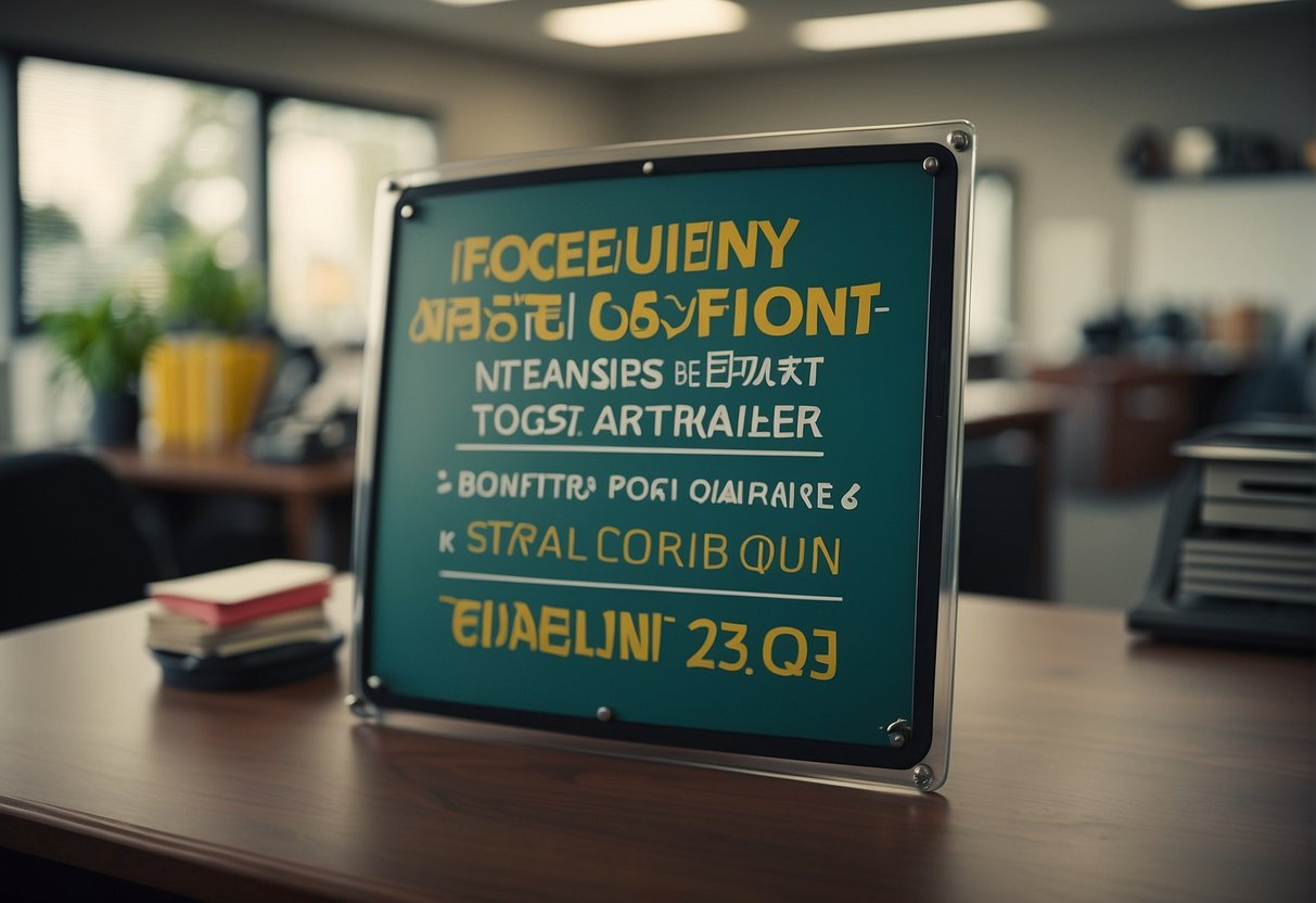 A sign with "Frequently Asked Questions: How much does it cost to start a trailer park" displayed prominently in a busy office setting