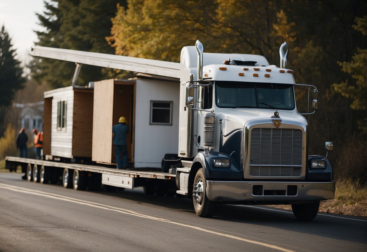 A mobile home being transported on a flatbed truck, with workers securing it with straps and hooks