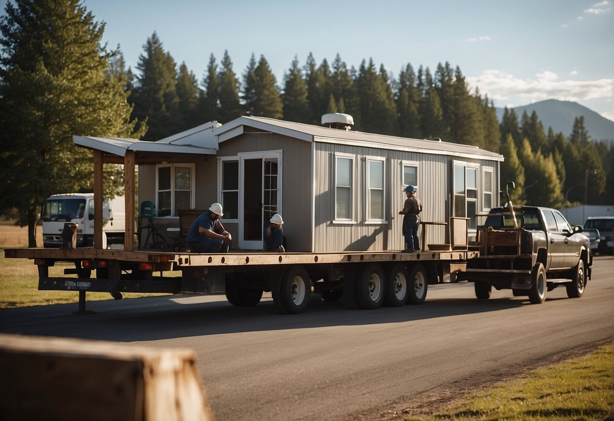 A mobile home being transported on a flatbed truck, with workers securing it in place and checking for compliance with age limits and regulations