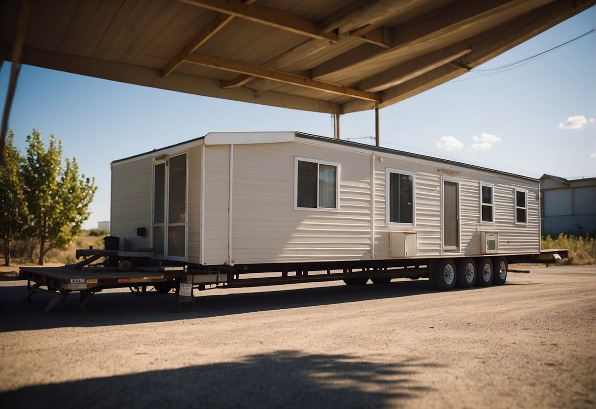 The mobile home sits on a flatbed trailer, ready for transport. A team of workers assesses the logistics and costs of moving it to a new location