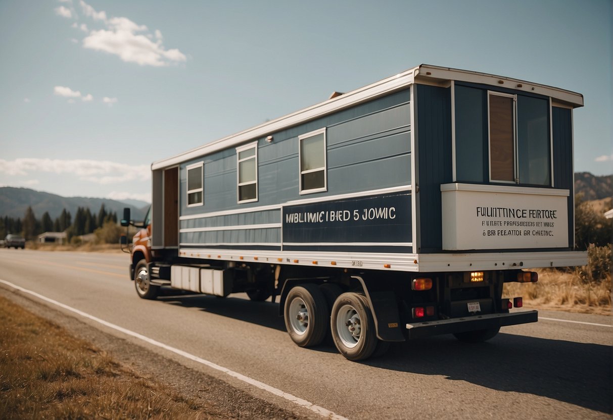 A mobile home being transported on a flatbed truck with a sign displaying "Frequently Asked Questions: What is the age limit on moving a mobile home?"