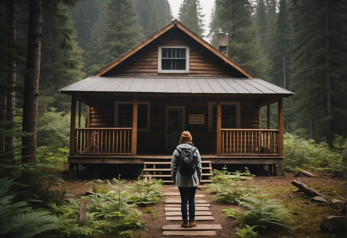 A person standing in front of a rustic off-grid cabin, surrounded by trees and nature, with a sign that reads "Permit Required for Construction."