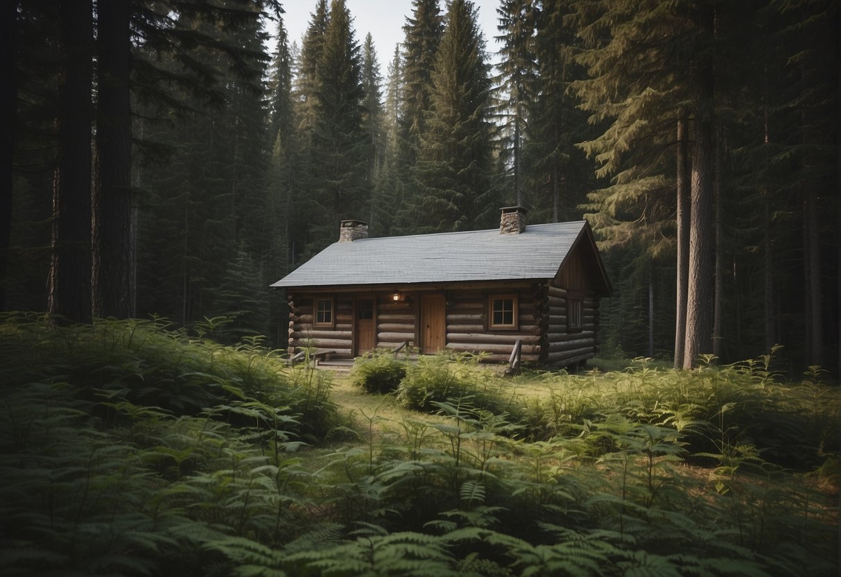 A remote cabin nestled in the woods, surrounded by tall trees and a serene landscape, with no visible signs of modern infrastructure or utilities