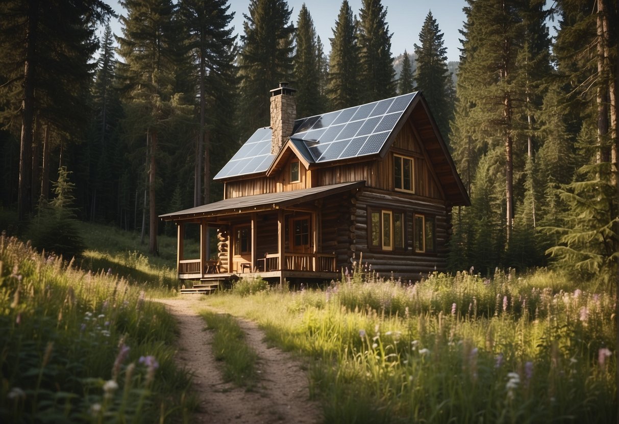 A secluded cabin nestled in the wilderness, surrounded by tall trees and a serene landscape. The cabin is built off-grid, with solar panels and a water collection system