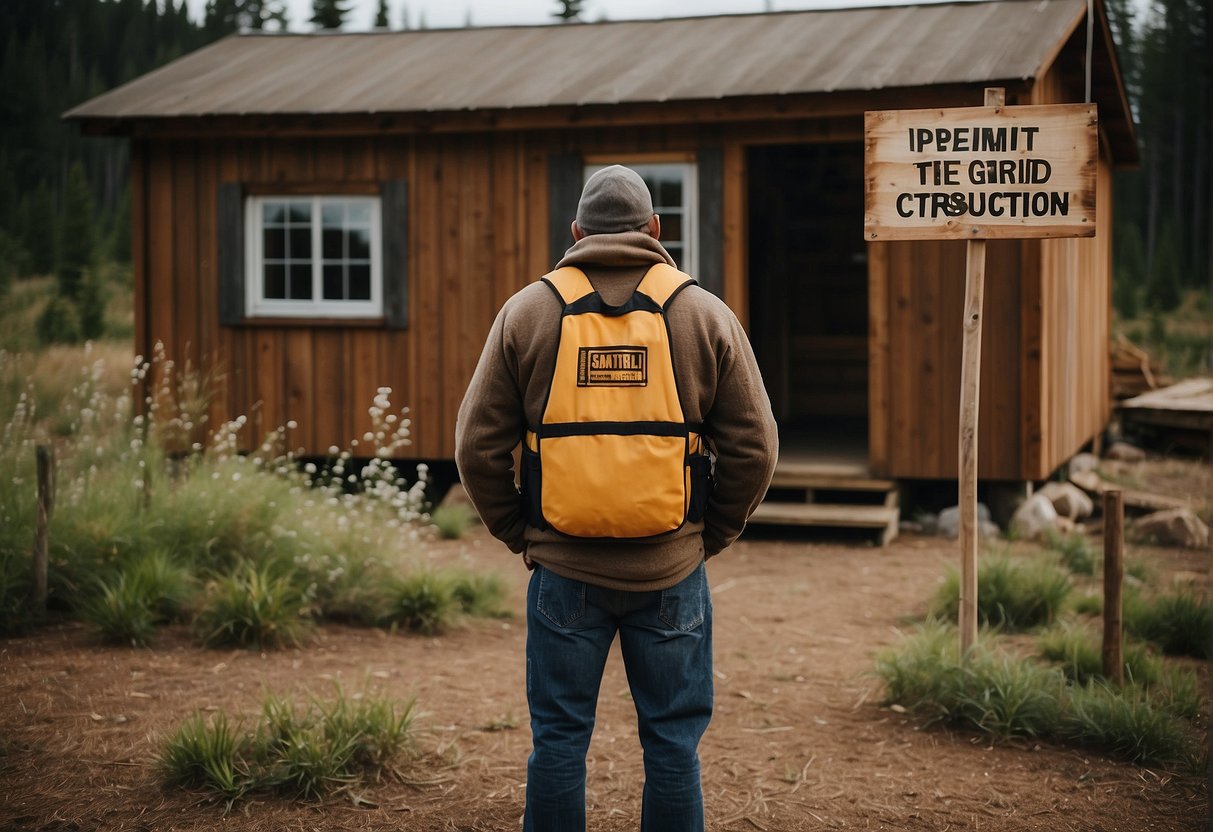 A person standing in front of a rustic off-grid cabin, with a sign reading "Permit Required for Construction" in the foreground