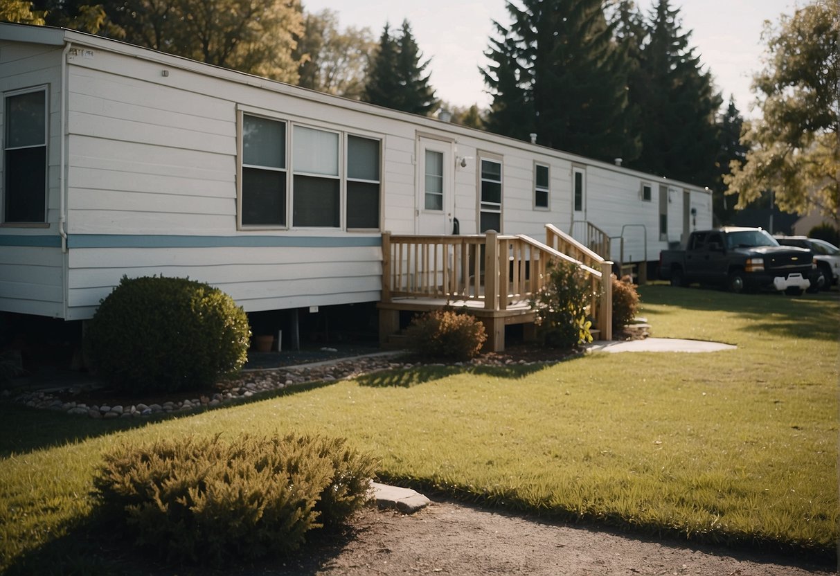 A mobile home parked in a residential area, with a "For Sale" sign displayed prominently in the front yard