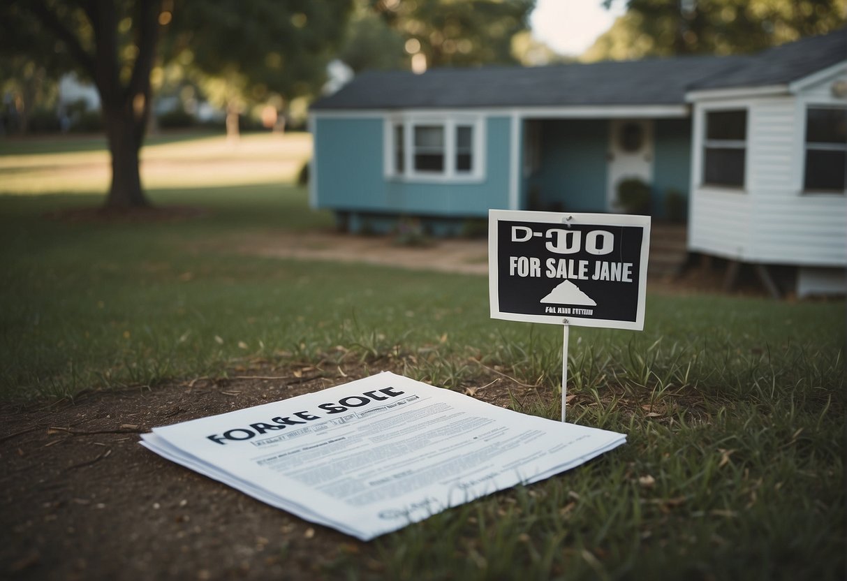 A mobile home sitting on a piece of land with a "For Sale" sign in the front yard, and a title document being exchanged between two people