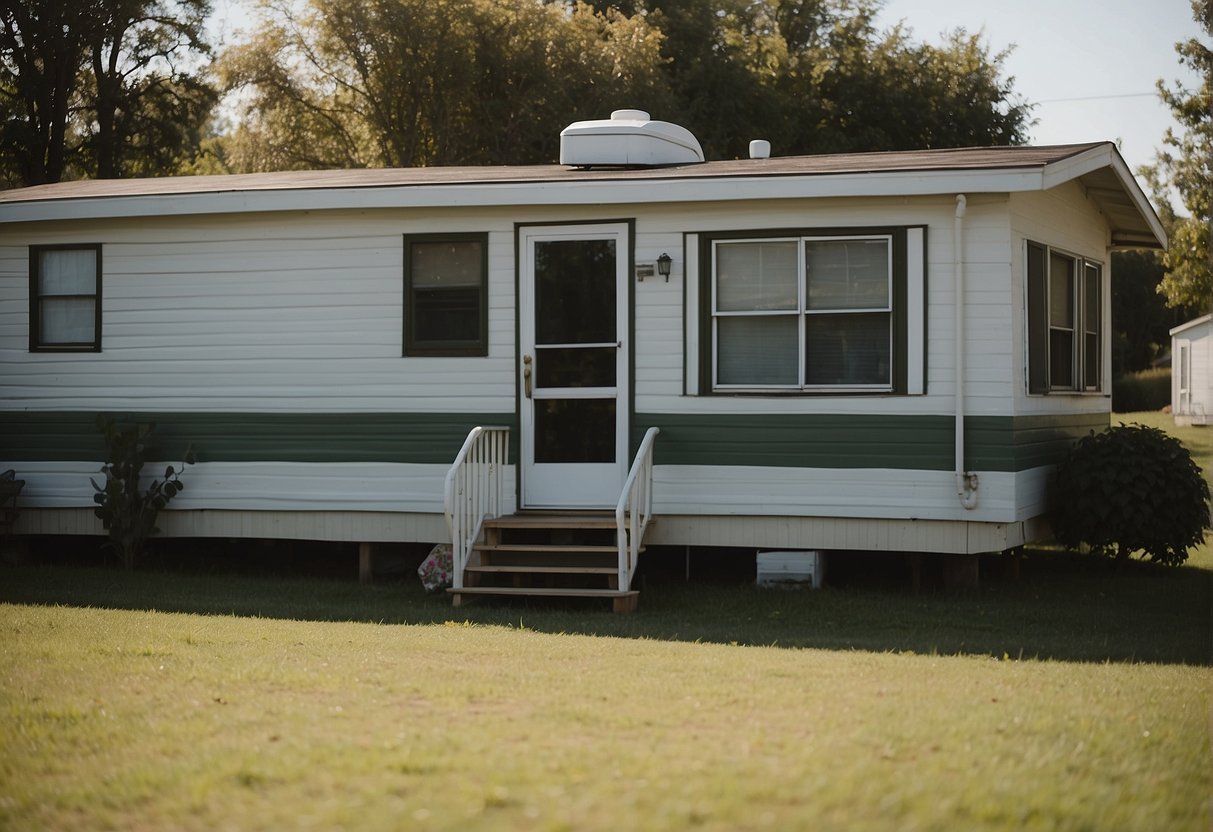 A mobile home parked on a grassy lot with a "For Sale" sign displayed prominently in the front window