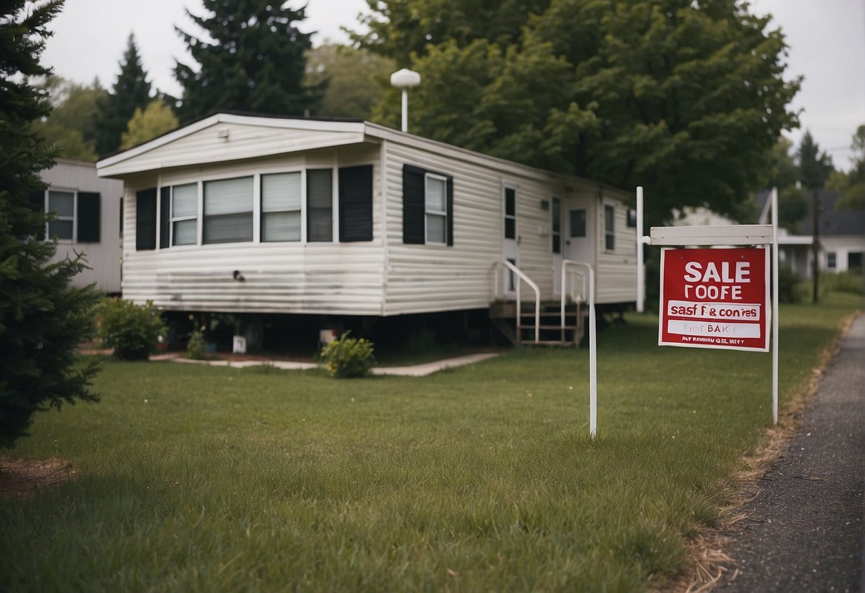 A mobile home sits on a plot of land, with a "For Sale" sign in the front yard. The title is conspicuously absent, leaving the legality of the sale in question