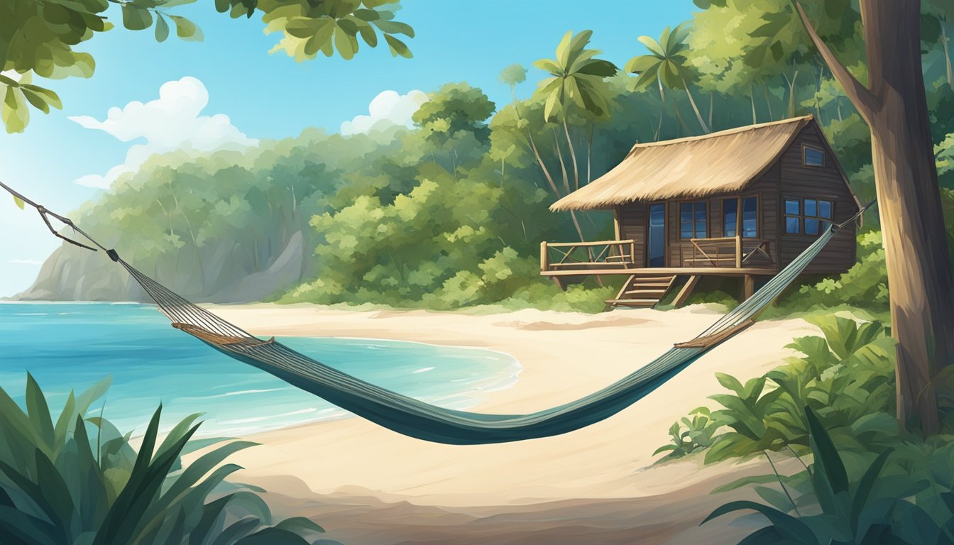 A tranquil beach with a hammock, surrounded by lush greenery and a clear blue sky, with a small rustic cabin in the background