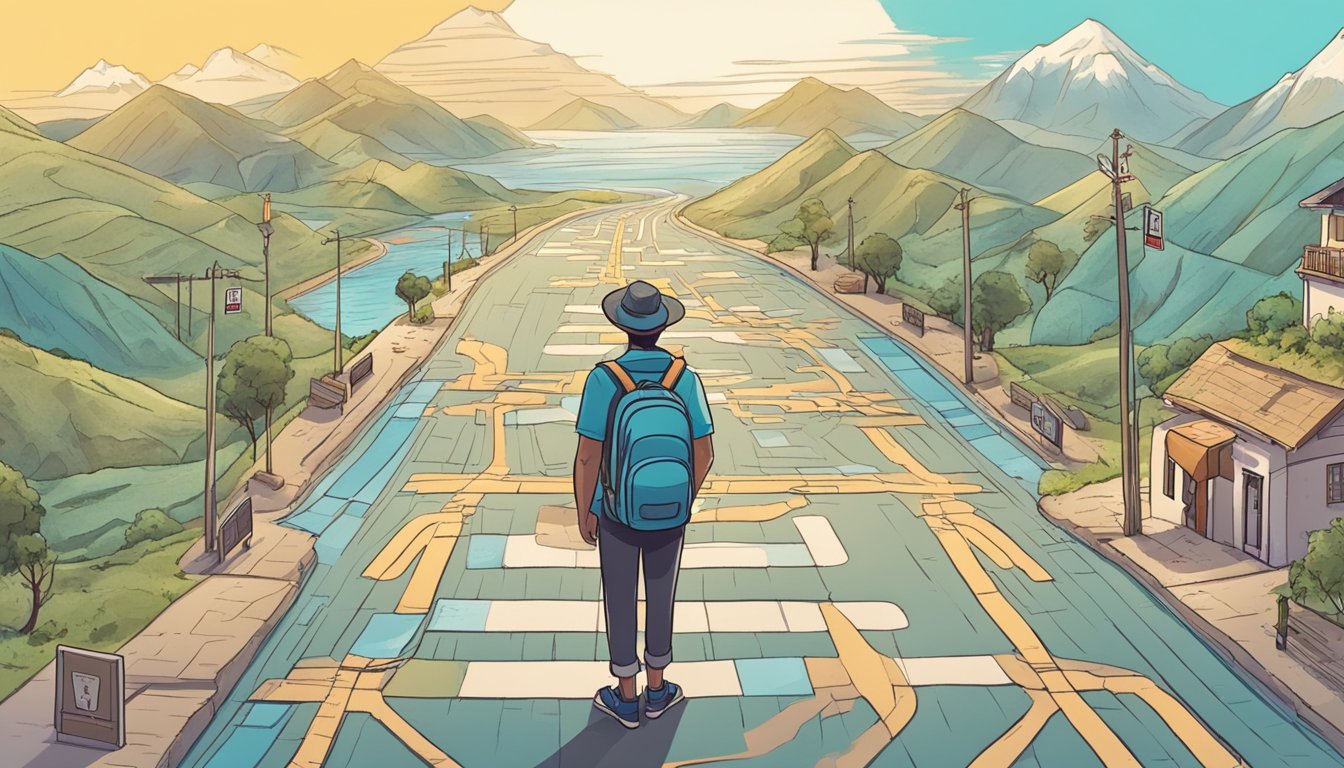 A traveler stands at a crossroads, with signs pointing to safe and affordable destinations for solo travel. Maps and guidebooks are scattered on the ground, offering options for exploration