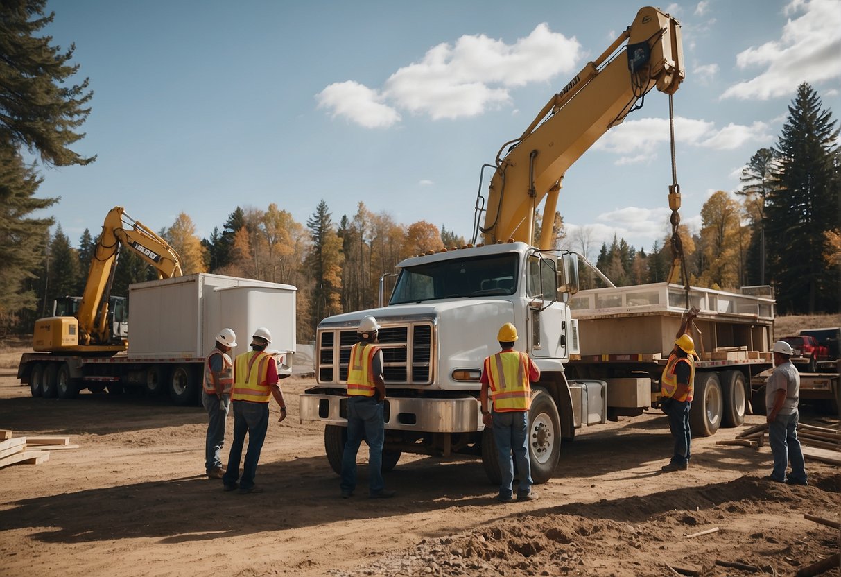 A mobile home is being moved onto a permanent foundation. A large truck with a crane is lifting the home while workers guide it into place