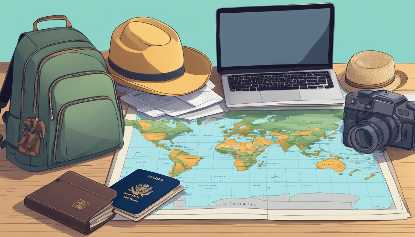 A map, passport, and backpack on a table. A laptop open to a travel website. A list of safe and affordable destinations for solo travelers