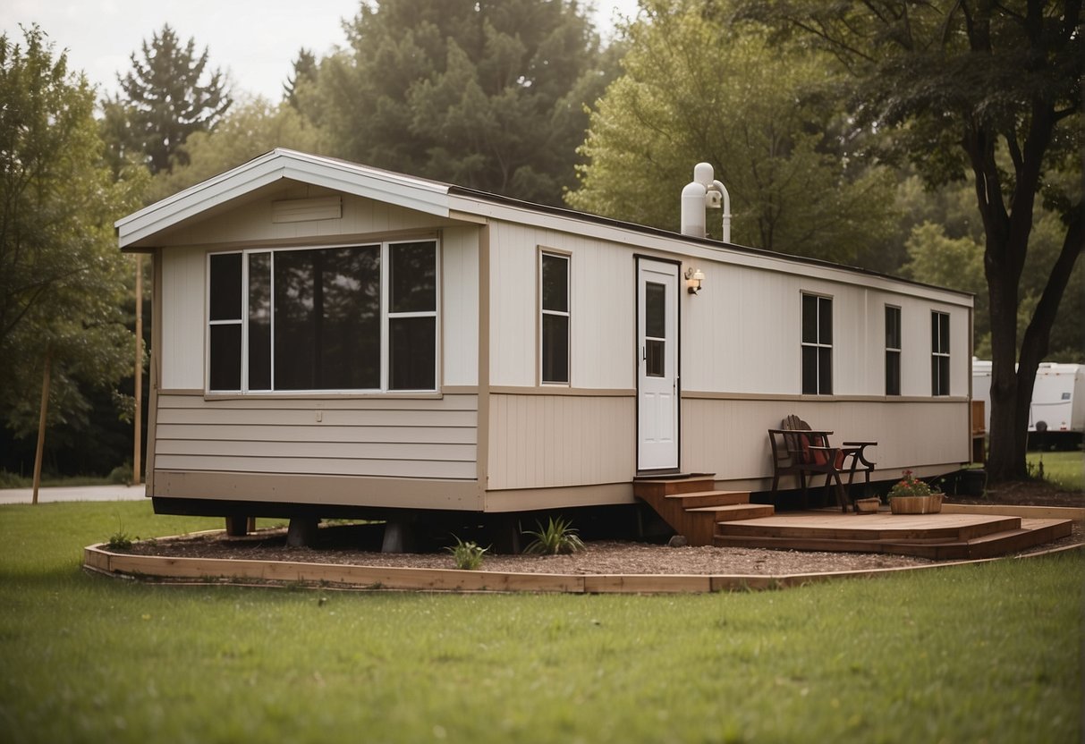 A mobile home sits on a sturdy, permanent foundation. It is surrounded by level ground and anchored securely in place