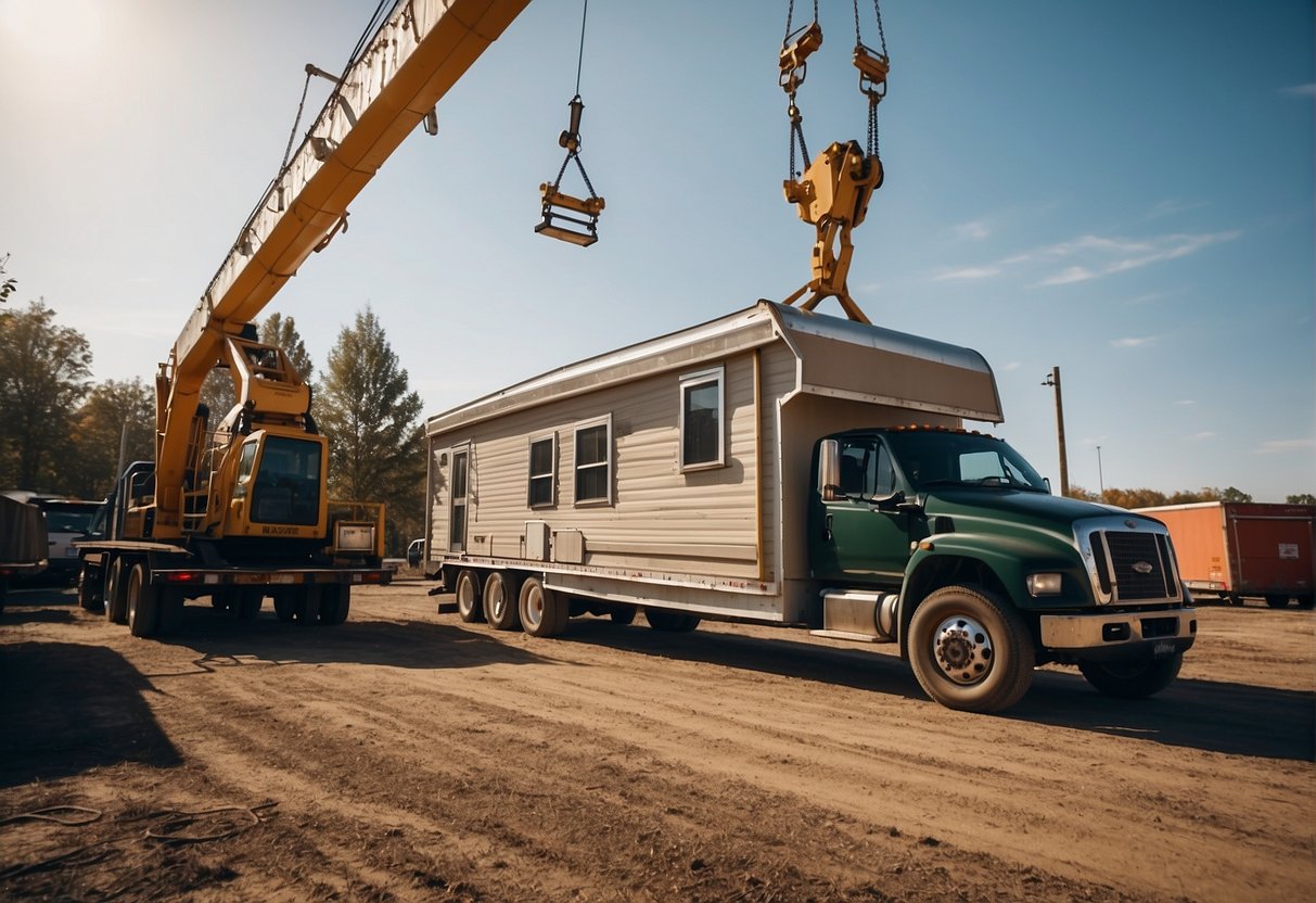 A mobile home on a permanent foundation being moved by a truck with a crane and secured with straps