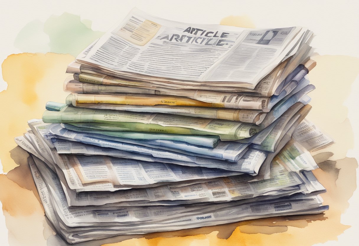 A stack of newspapers with bold "article titles" on the front page, surrounded by scattered pens and notepads